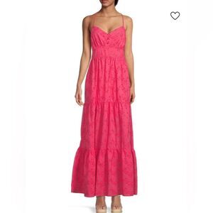 KOKO + MASON Cotton Hot Pink Cutout Tiered Eyelet Maxi Dress Smocked Back M NWT
